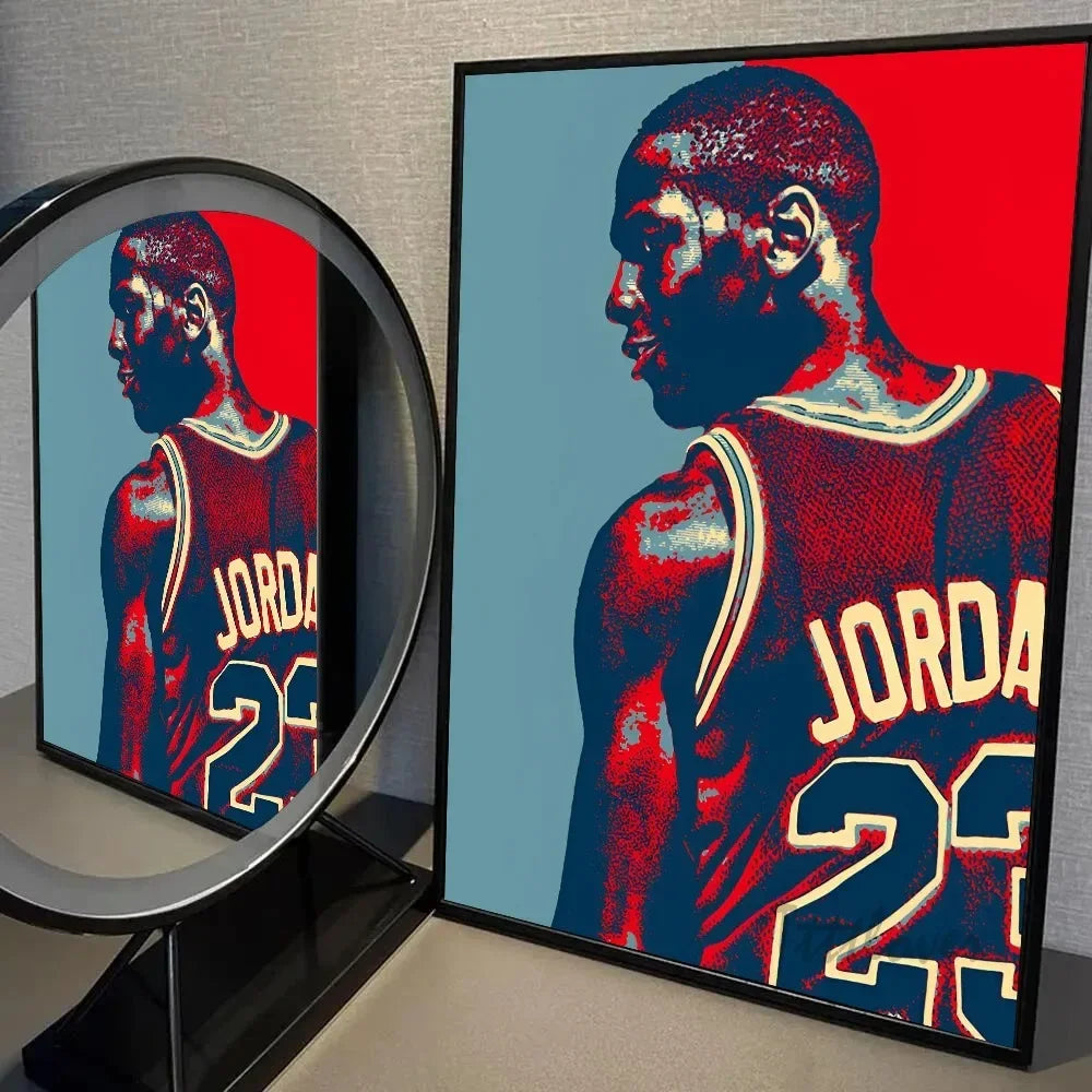 A framed canvas print of a basketball player in a red jersey with blue and white accents against a blue background.