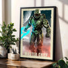 A framed canvas wall art poster depicting Master Chief in a green armor suit against a dark background.