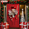 A red door with a cutout of Santa Claus's face and beard, decorated with festive greenery and wrapped gifts.