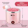 A pink wax heater device shown with wax beans inside, demonstrating rapid heating for wax in 10 minutes.