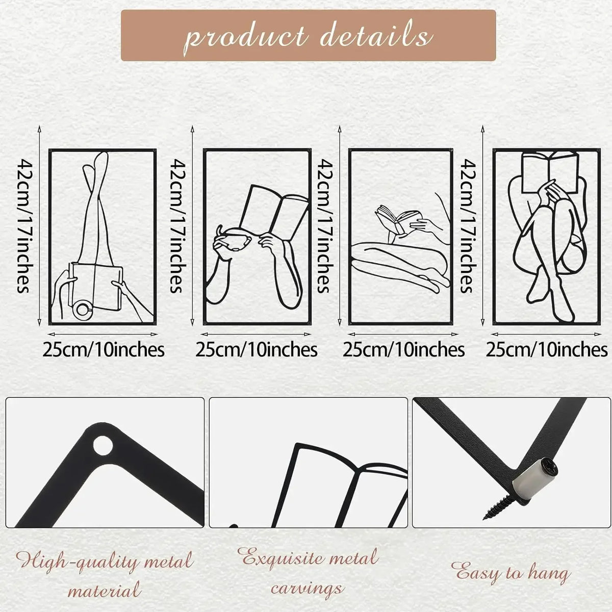 Set of four metal wall decor pieces showing different angles and features for hanging