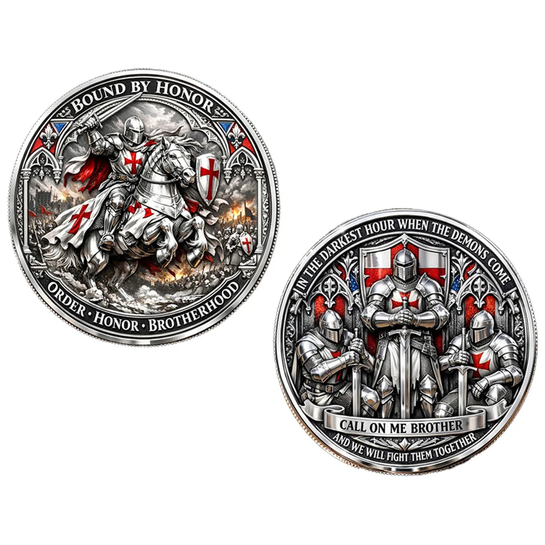 A silver-plated commemorative coin featuring a knight riding a horse and text related to honor and brotherhood.