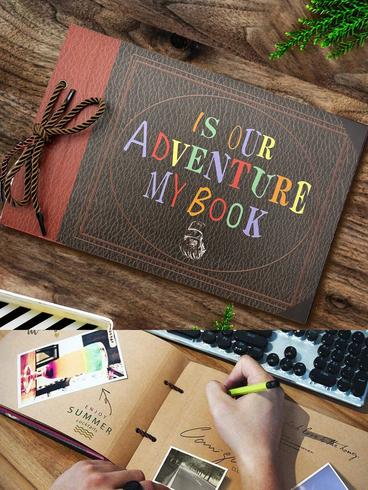 A handmade scrapbook album cover titled Is Our Adventure My Book resting on a wooden surface next to a keyboard and some gree