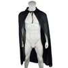A male mannequin wearing a classic black hooded cape and a transparent chest harness.
