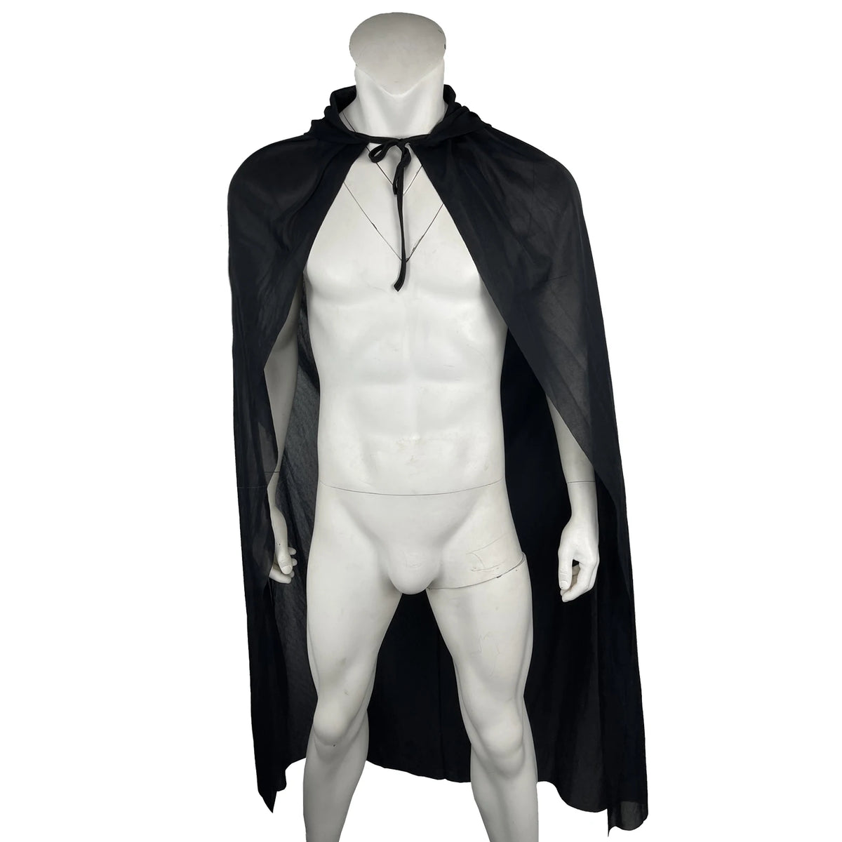 A male mannequin wearing a classic black hooded cape and a transparent chest harness.