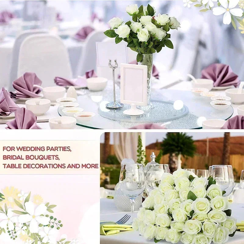 A bouquet of white artificial silk roses displayed on a table setting for wedding decorations.
