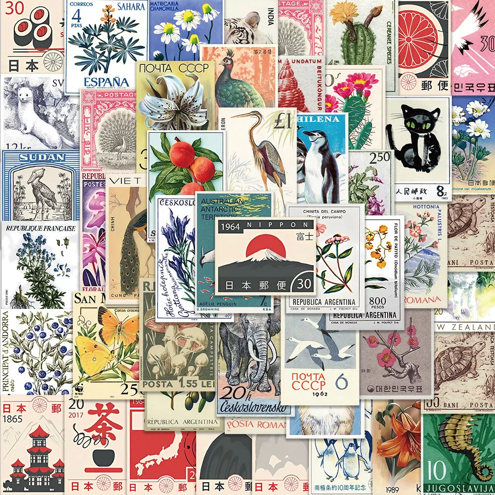 A collage of various vintage and modern postage stamps, featuring animals, plants, and cultural themes.