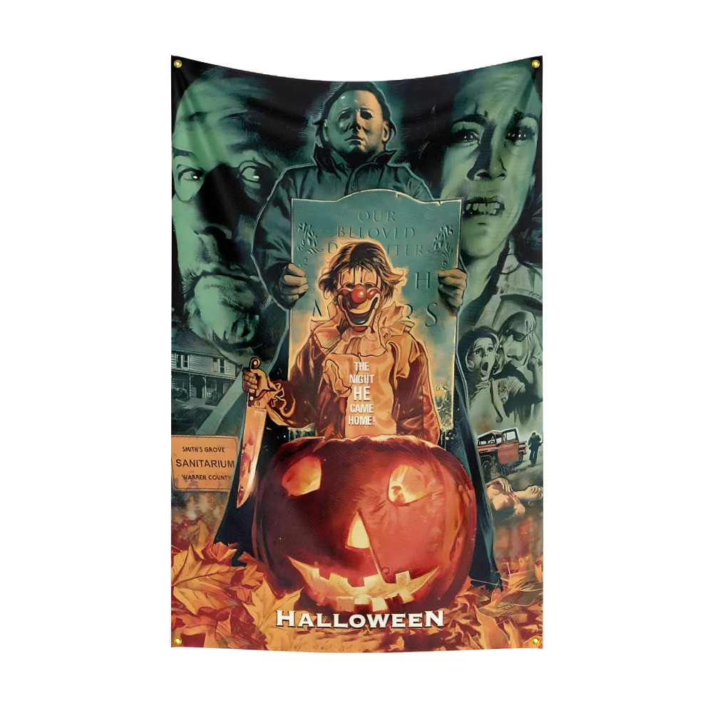 A poster featuring a collage of horror movie characters, including Michael Myers, for Halloween decor.