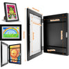 A black wooden picture frame with a glass display, showing various colorful drawings and photos.