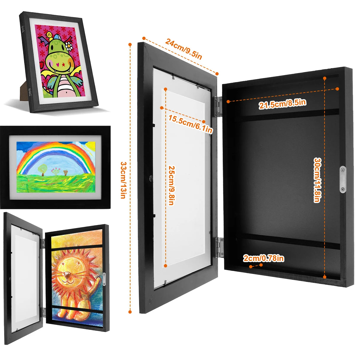 A black wooden picture frame with a glass display, showing various colorful drawings and photos.