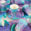 Purple and teal mermaid patterned tableware set including plates and cups