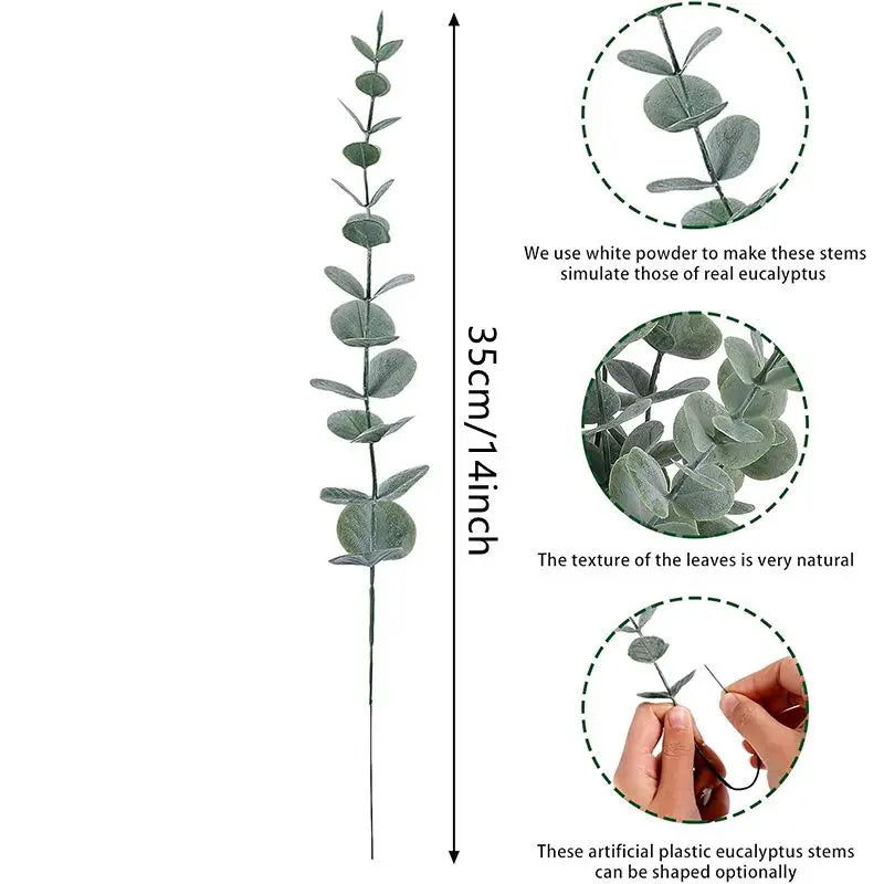 A vertical illustration showing the size and texture of artificial eucalyptus stems and leaves.