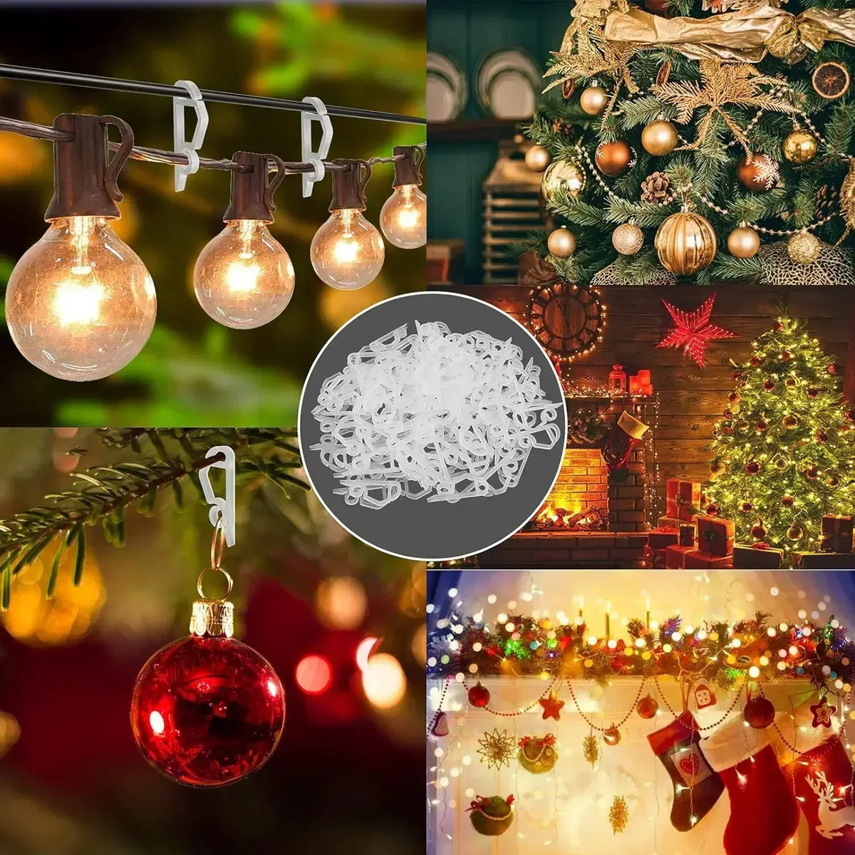 A collection of outdoor light string clips and decorative Christmas ornaments, including Edison bulbs and red glass balls.