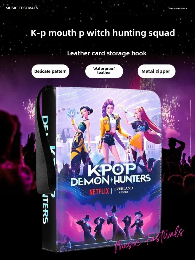 Leather card storage book featuring K-pop demon hunters characters and a metal zipper.