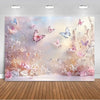 A soft pink and white floral backdrop featuring numerous butterflies in flight for photo opportunities.