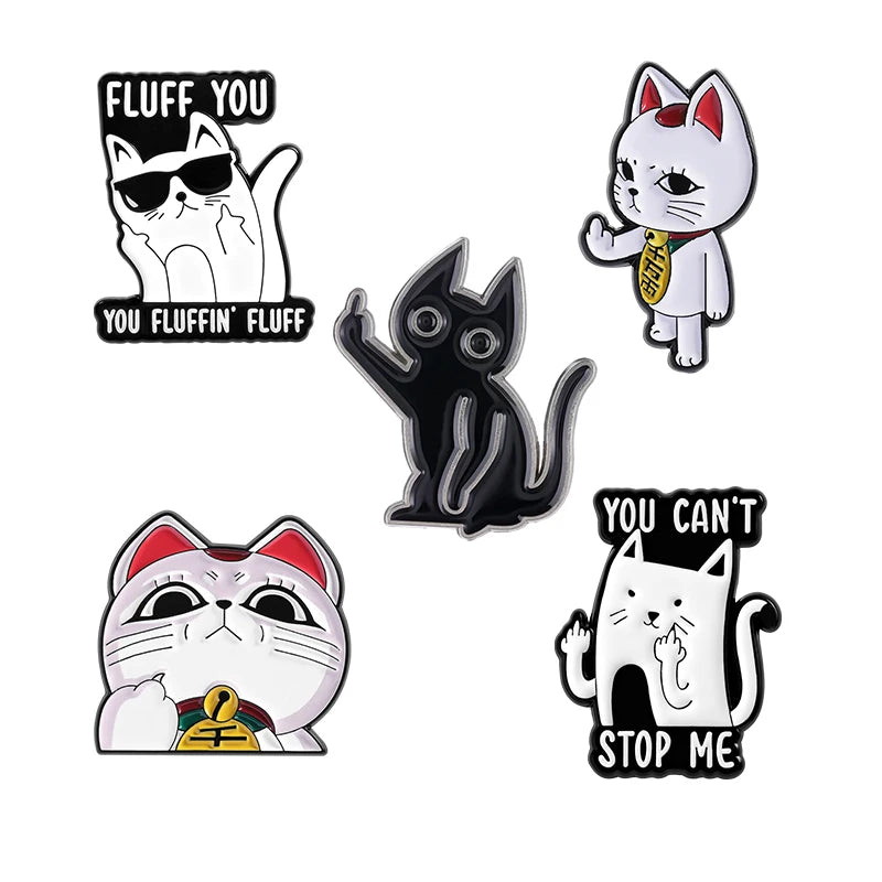 A set of enamel pins featuring cartoon cats with various rude and cute expressions.