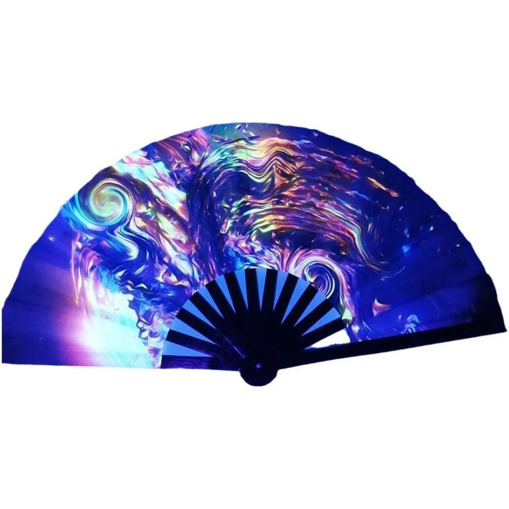 UV fluorescent handheld folding fan displaying vibrant swirling colors