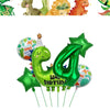 A green foil number 4 balloon and a dinosaur themed birthday party kit with balloons and banner