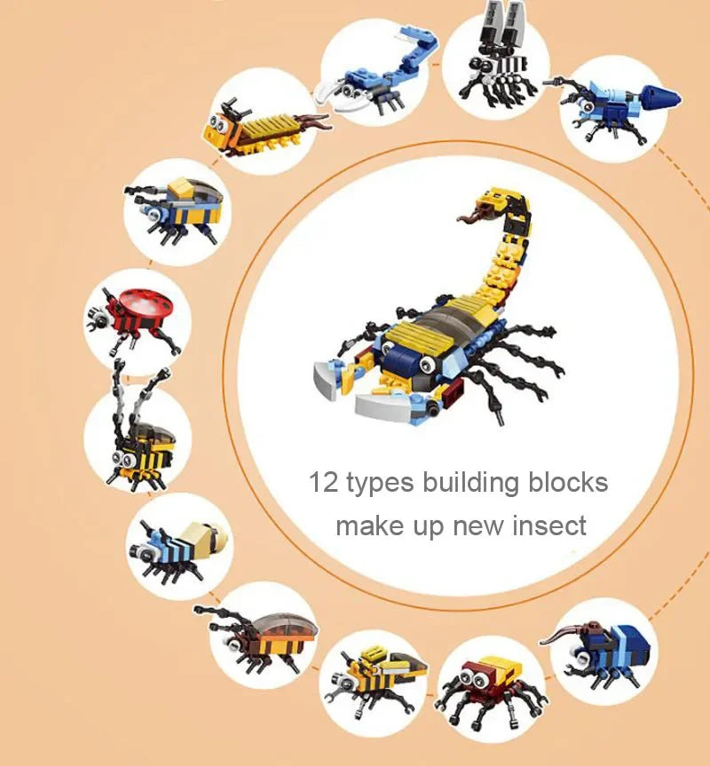 A collection of twelve insect-themed building blocks and models used for a Christmas advent calendar.