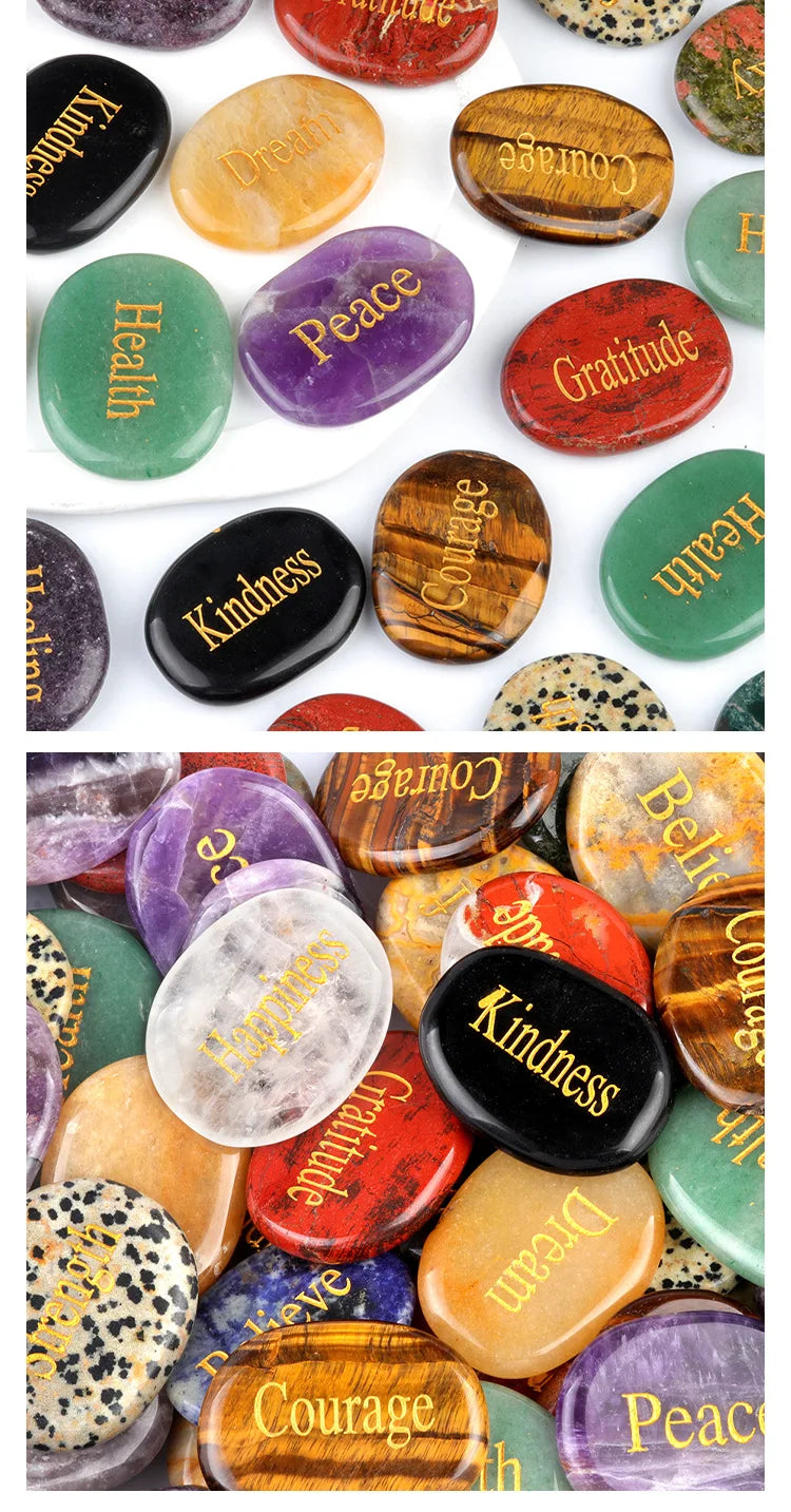 A collection of polished natural crystal ellipses in various colors including green, purple, orange, and red.