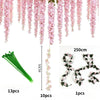 Pink silk wisteria hanging vine garland featuring long drooping flowers and green stems