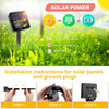 Installation instructions for solar panels and ground plugs showing three steps