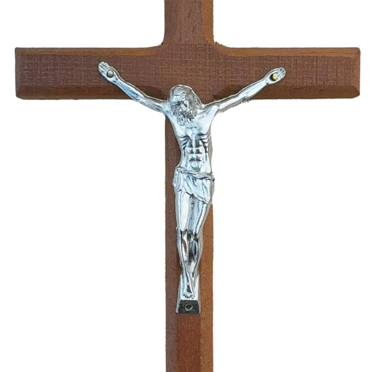 Hand carved wooden cross wall decor featuring a silver-colored figure of Christ.