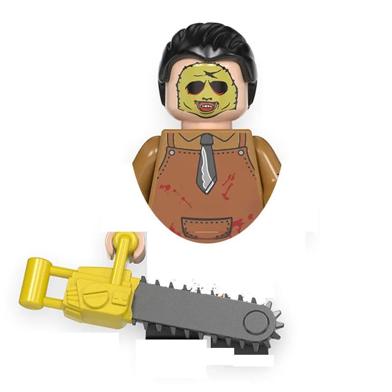 A building block figure depicting a horror movie icon with green skin and a menacing expression, accompanied by a yellow knif