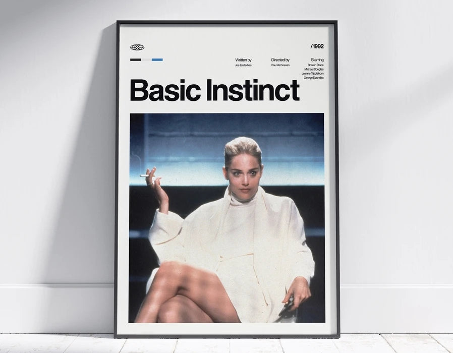 Black and white photo of a woman with light hair wearing a white turtleneck, titled Basic Instinct.