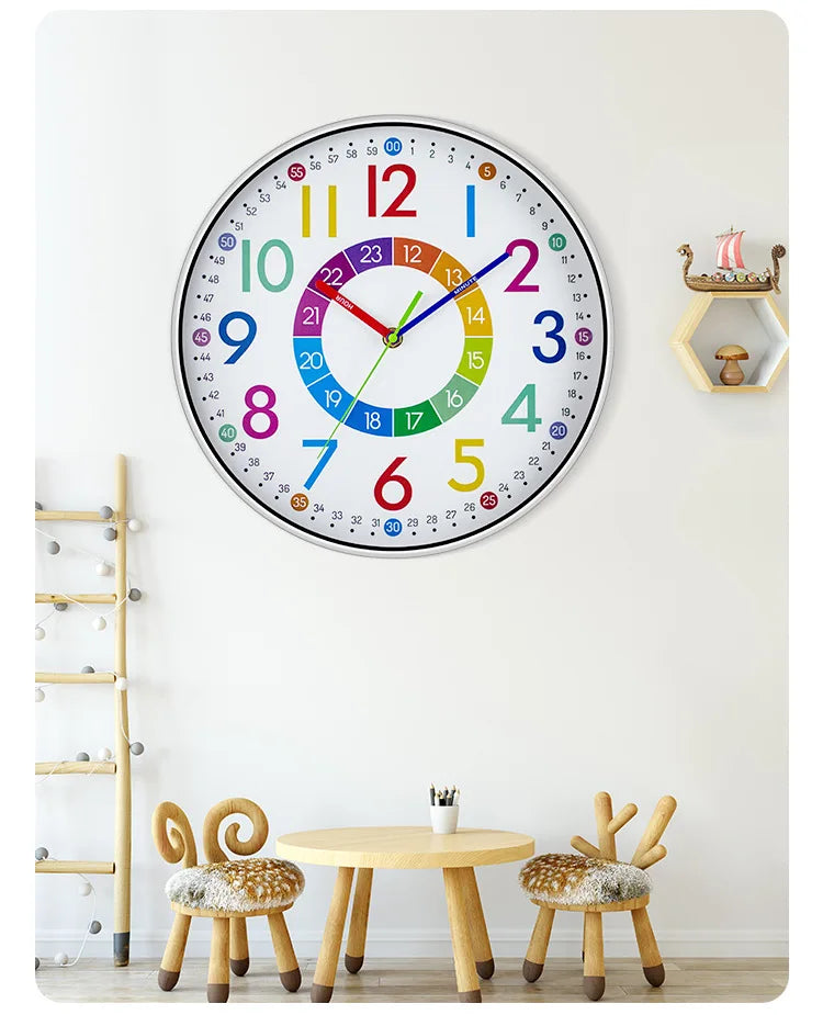 A colorful silent wall clock with numbers and hands hanging on a white wall.
