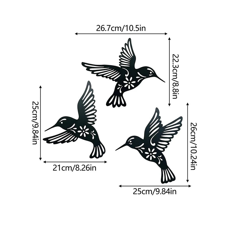 A set of three artistic metal hummingbird wall decor silhouettes shown with dimensions.