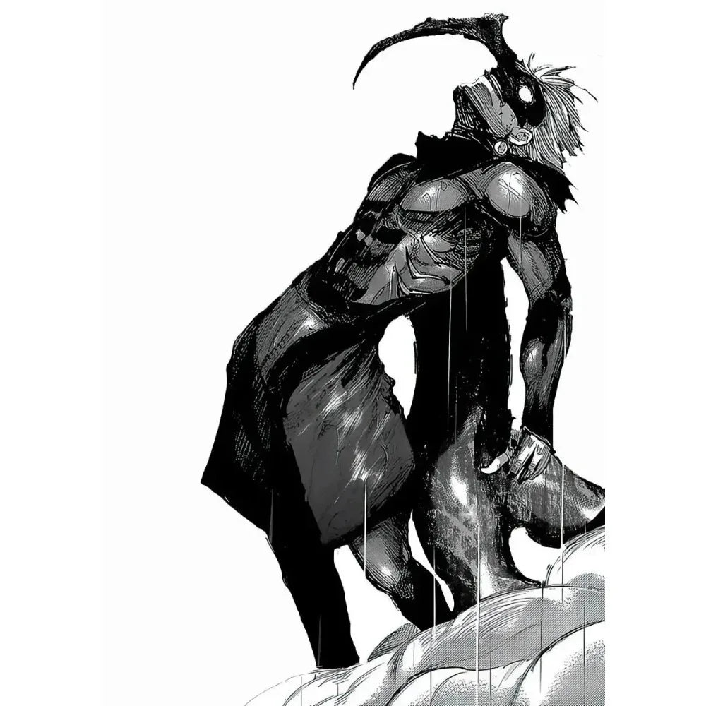 A dark, muscular figure with spiky hair and a prominent horn is depicted in a dynamic pose.