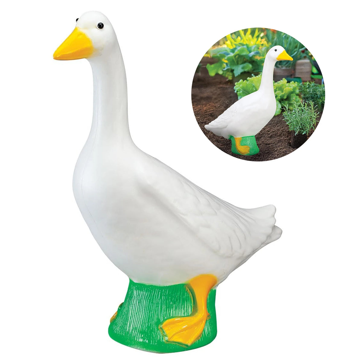 A white goose garden statue with an orange beak and green feet, shown next to an inset photo.