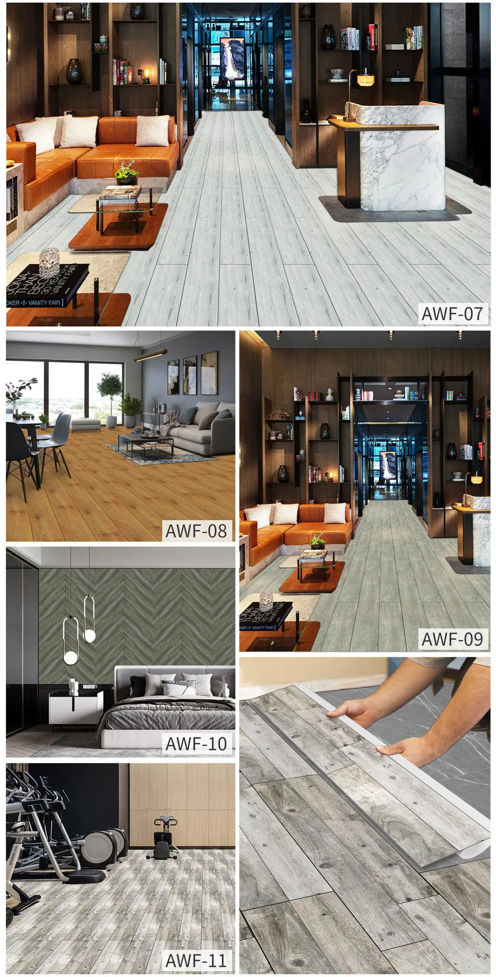 A series of images showing wood grain self-adhesive wall and floor decals in various tones and textures.