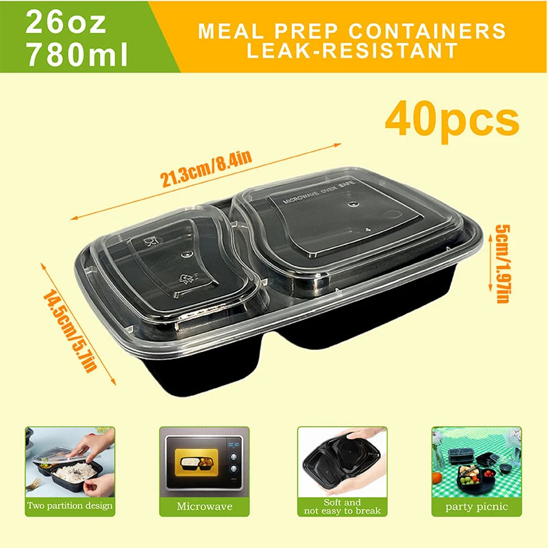Black leak-resistant meal prep containers with lids shown next to a microwave and picnic items