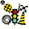 Five black and yellow race car number balloons for birthday party decorations