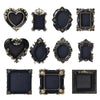 A collection of vintage baroque resin hanging photo frames in black and gold finishes.
