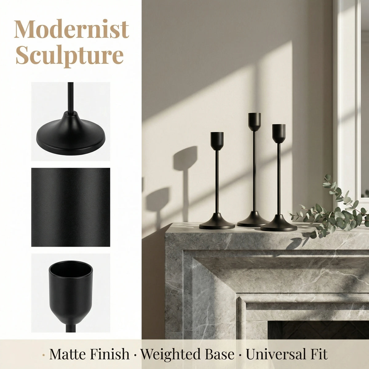 A set of matte black modernist metal taper candle holders displayed on a stone mantelpiece.
