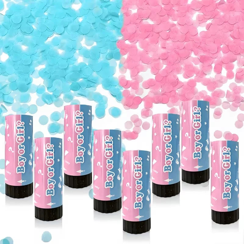 Pink and blue confetti cannons for a gender reveal event