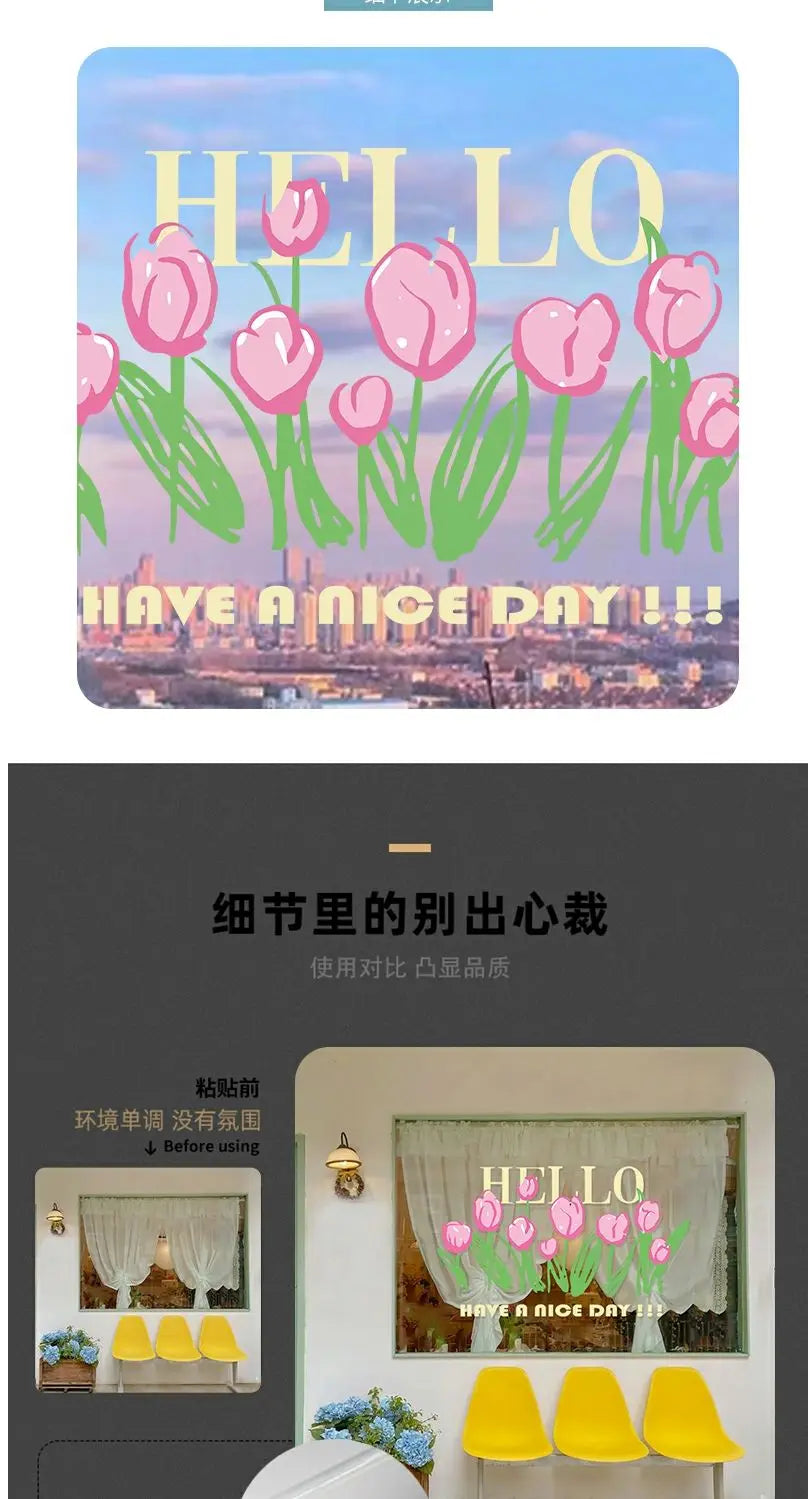 Pink tulip static cling window decals with the text HELLO HAVE A NICE DAY