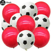 A pack of ten red and white soccer ball balloons for party decorations.
