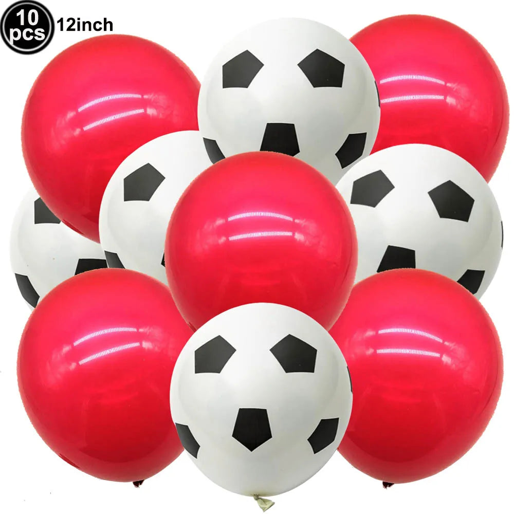 A pack of ten red and white soccer ball balloons for party decorations.