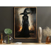 Dark witch silhouette painting on canvas with a pointed hat against a dark background