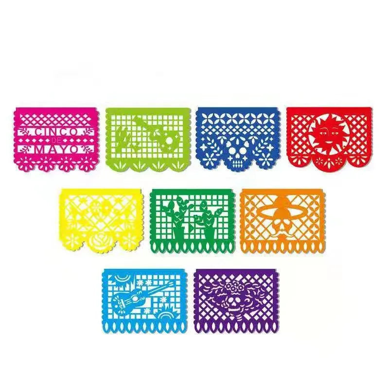 A set of colorful decorative felt flags featuring various floral and geometric patterns for party decorations