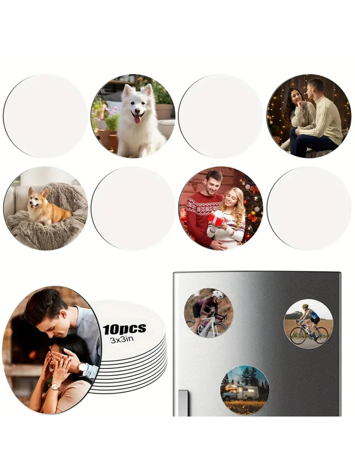 A collection of custom photo fridge magnets featuring pets, couples, and scenic views.
