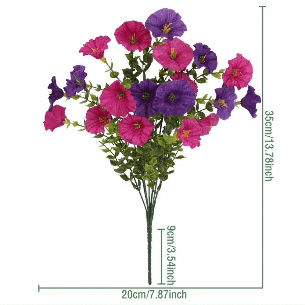 Artificial pansy flower bouquet featuring purple and pink blooms with green eucalyptus stems
