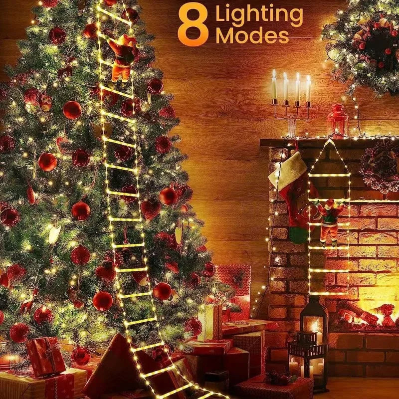 A decorated Christmas tree with red ornaments and a gold climbing ladder light decoration.