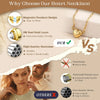 A marketing graphic comparing a gold heart necklace with magnetic clasp design to a brass alternative.