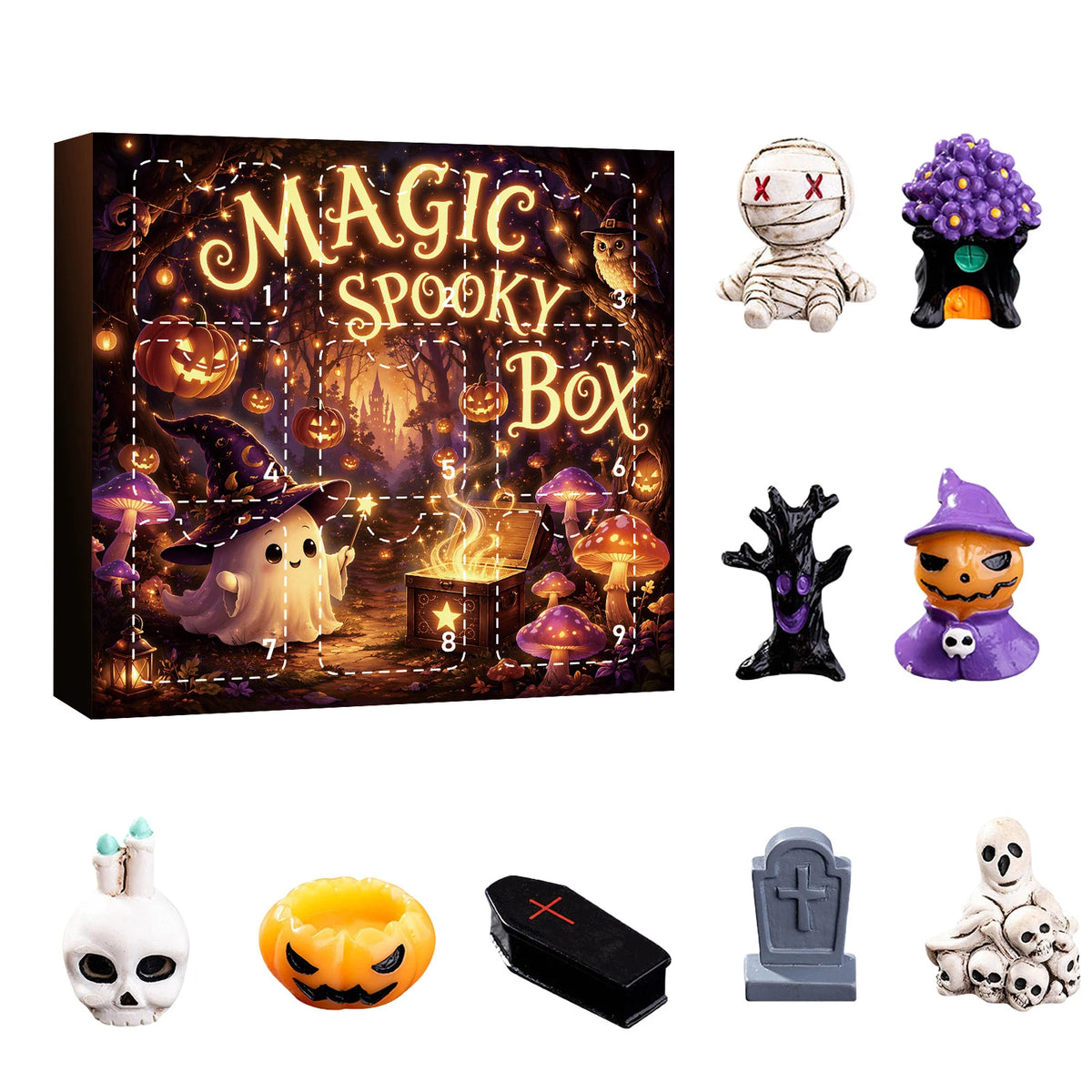 A box of magic spooky figurines for a 24-day mystery resin figurine advent calendar featuring various Halloween-themed charac