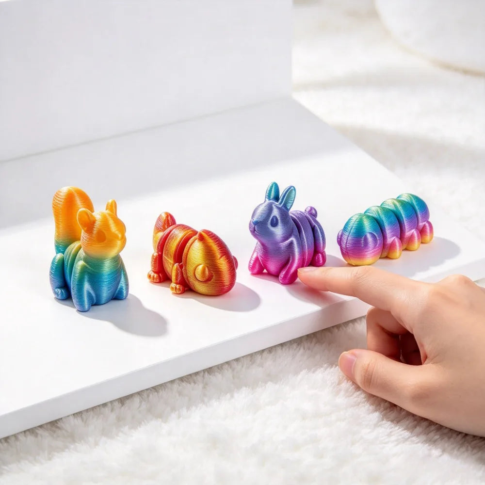 A hand points at a collection of colorful 3D printed animal figurines, including a lion and a rabbit, on a white surface.